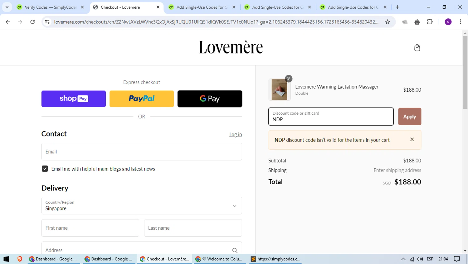 Lovemere checkout page showing Lovemere discount code box | Screenshot taken by SimplyCodes community member on Aug 9, 2024