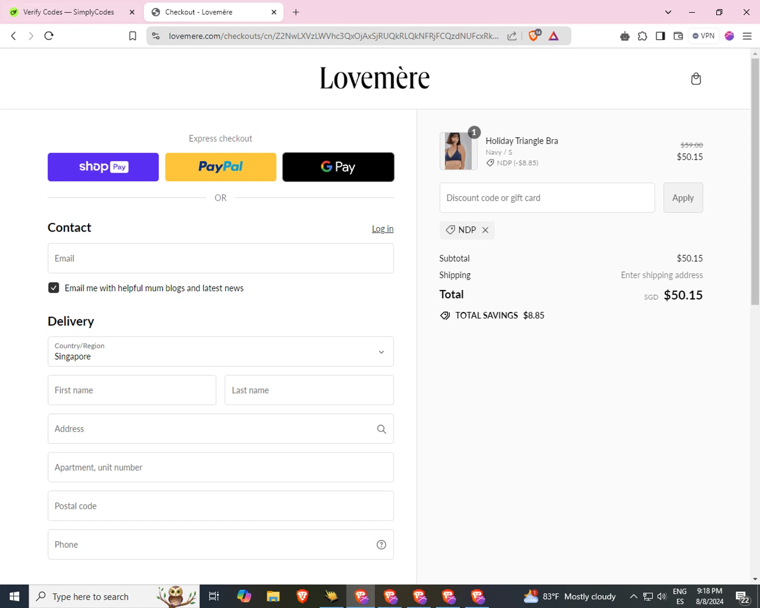 Lovemere checkout page showing Lovemere discount code box | Screenshot taken by SimplyCodes community member on Aug 9, 2024