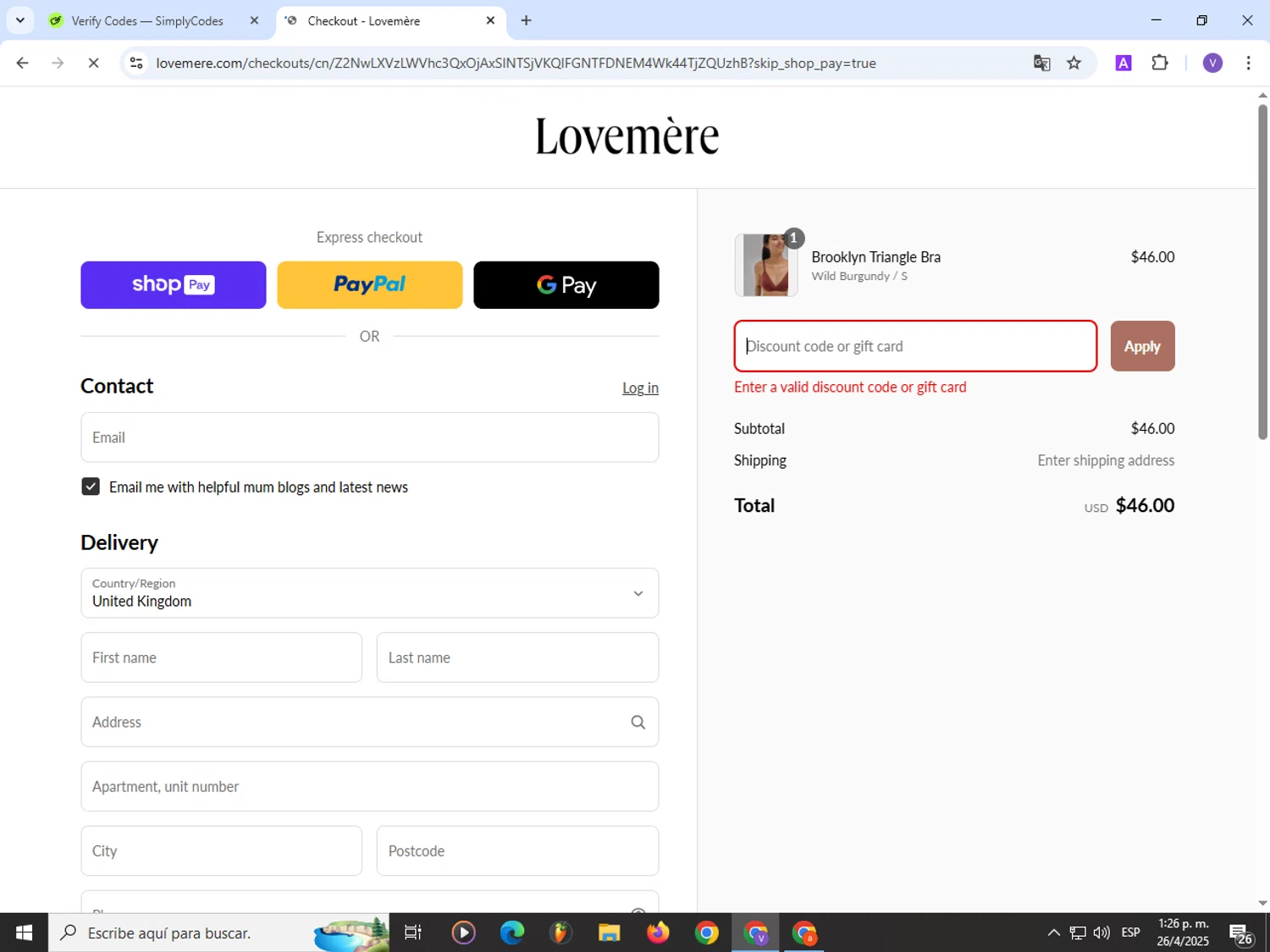 Lovemere discount code screenshot showing code LOVEBINDER applied at Lovemere checkout page. Uploaded by SimplyCodes community member Satoru_gojo on Apr 26, 2025