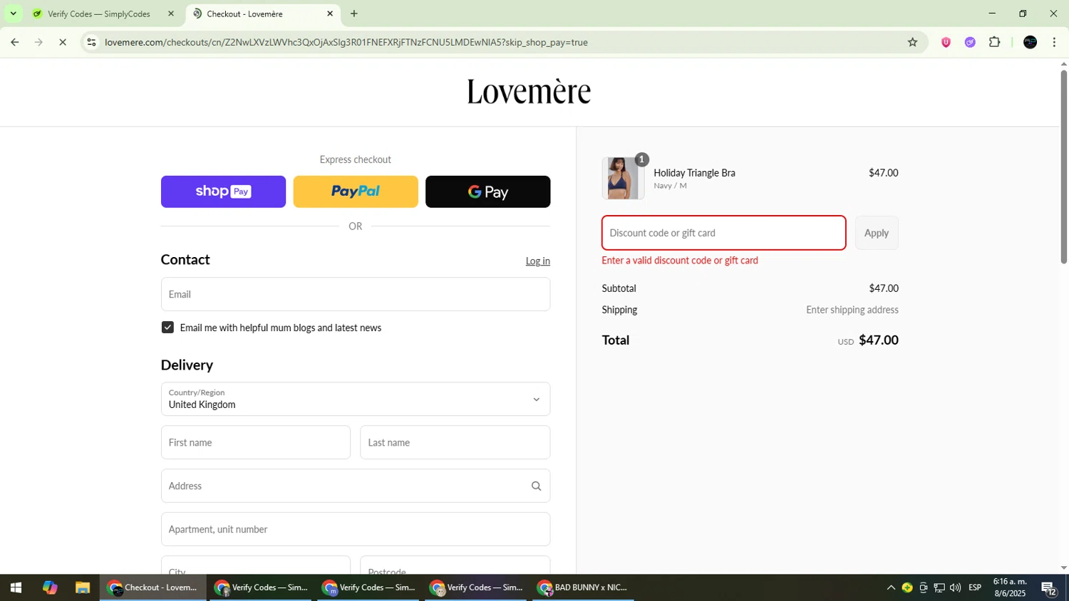 Lovemere discount code screenshot showing code MOTHERSDAY25 applied at Lovemere checkout page. Uploaded by SimplyCodes community member CarmenVGR on Jun 8, 2025