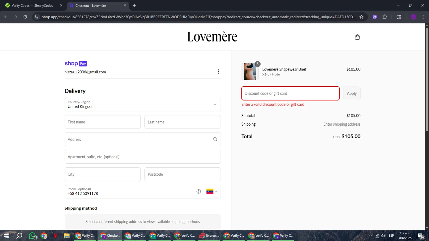 Lovemere discount code screenshot showing code MOTHERSDAY25 applied at Lovemere checkout page. Uploaded by SimplyCodes community member ComeBurra123 on Jun 8, 2025