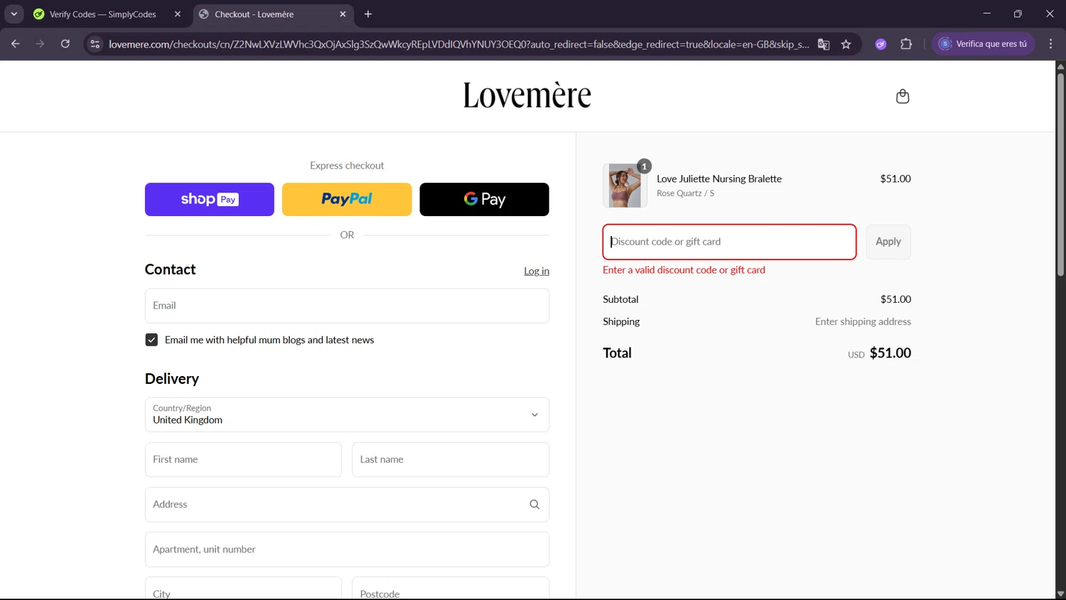 Lovemere discount code screenshot showing code MOTHERSDAY25 applied at Lovemere checkout page. Uploaded by SimplyCodes community member ExtraordinaryWhiz4519 on Jun 8, 2025