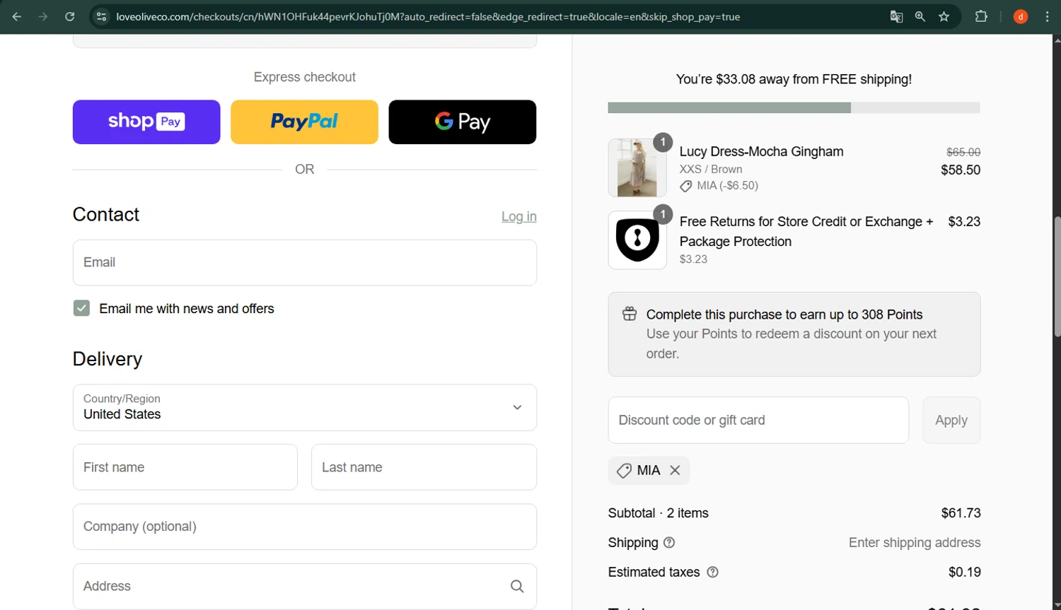 Love Olive Co discount code screenshot showing code MIA applied at Love Olive Co checkout page. Uploaded by SimplyCodes community member VictoriaMoyeda on Aug 3, 2025