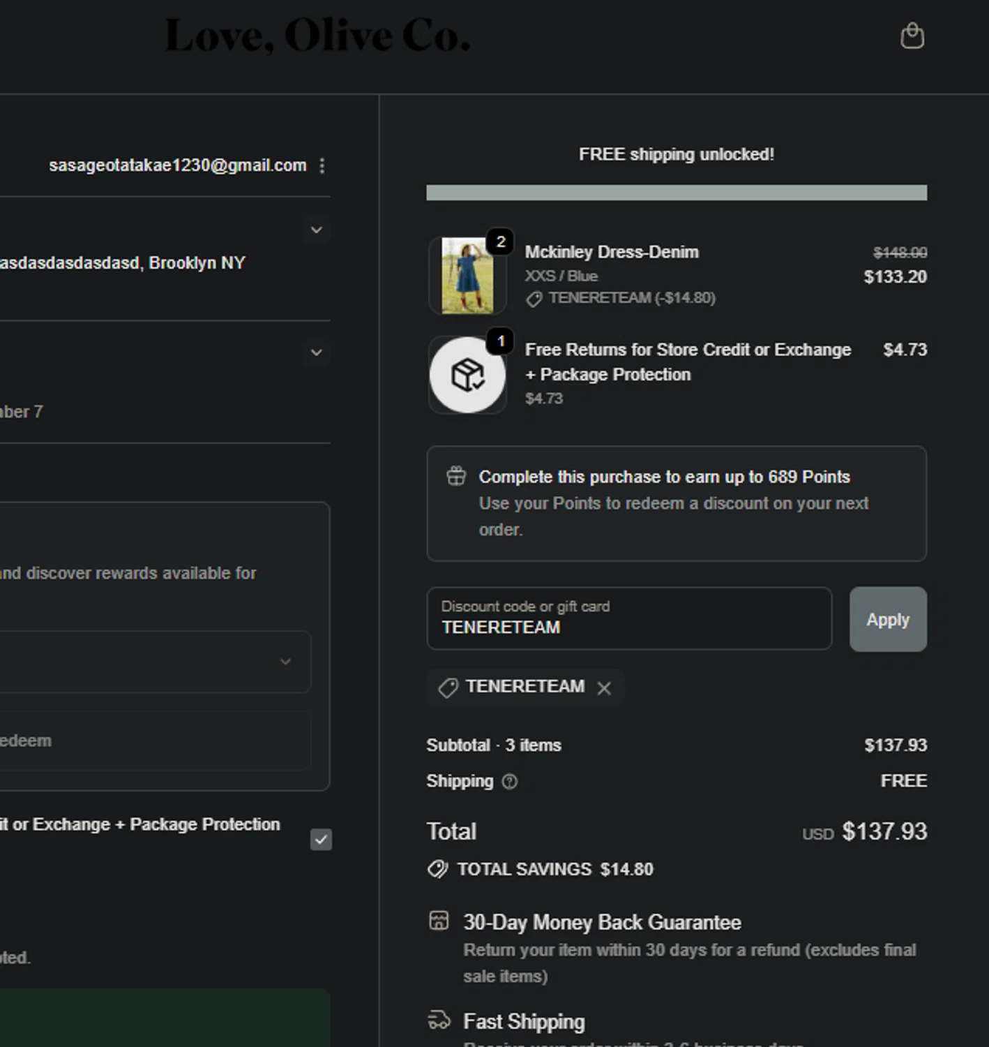 Love Olive Co discount code screenshot showing code TENERETEAM applied at Love Olive Co checkout page. Uploaded by SimplyCodes community member FIREINTHEHOLE on Oct 30, 2025