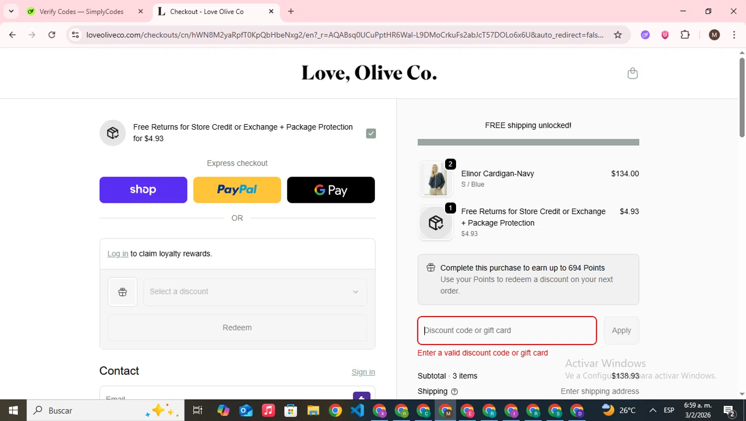 Love Olive Co discount code screenshot showing code Jensynj applied at Love Olive Co checkout page. Uploaded by SimplyCodes community member WonderWizard9060 on Feb 3, 2026