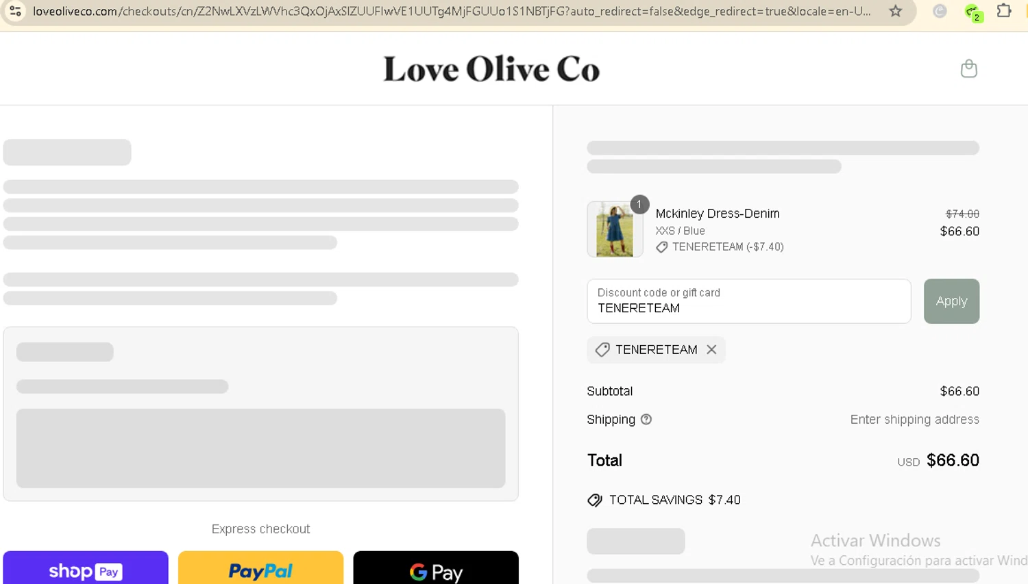 Love Olive Co discount code screenshot showing code TENERETEAM applied at Love Olive Co checkout page. Uploaded by SimplyCodes community member AMANDA2681 on May 22, 2025