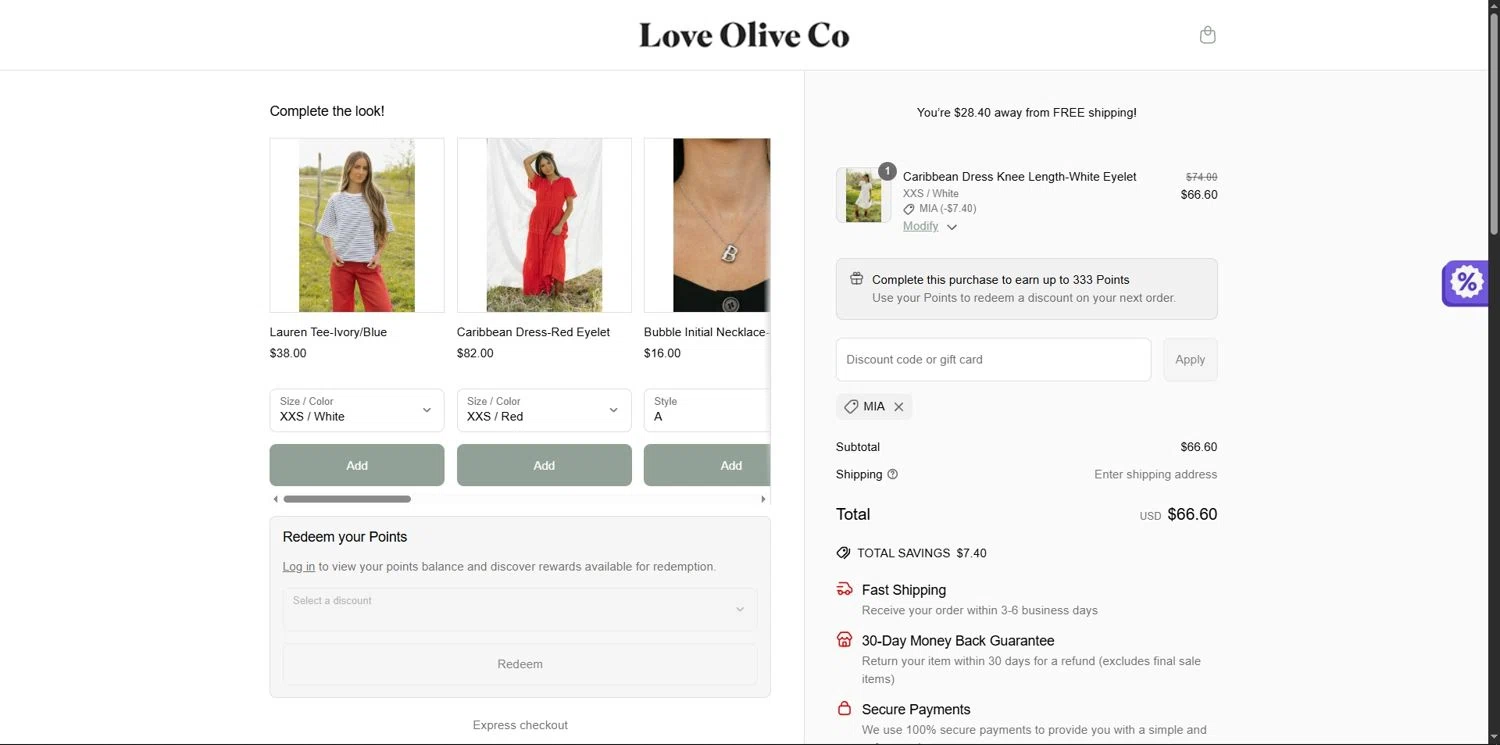 Love Olive Co discount code screenshot showing code MIA applied at Love Olive Co checkout page. Uploaded by SimplyCodes community member Depressive on May 19, 2025