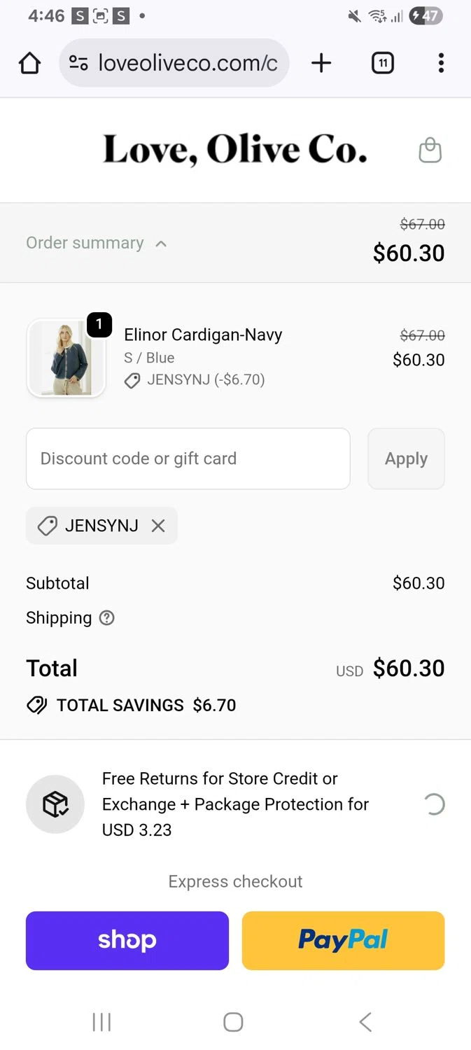 Love Olive Co discount code screenshot showing code Jensynj applied at Love Olive Co checkout page. Uploaded by SimplyCodes community member KarinaHZ on Dec 11, 2025