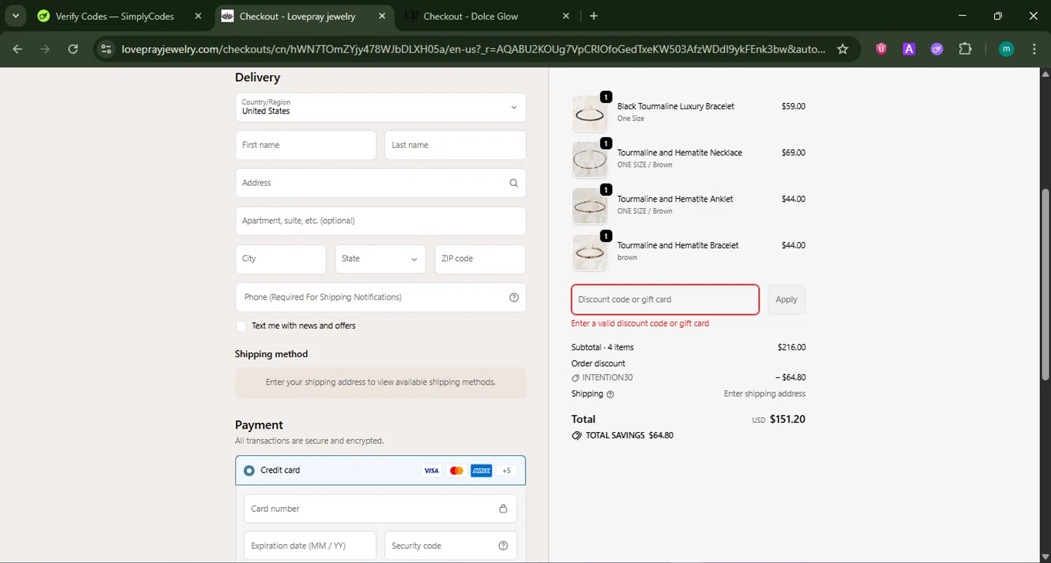 Lovepray Jewelry promo code screenshot showing code WELCOME30 applied at Lovepray Jewelry checkout page. Uploaded by SimplyCodes community member CrownSpotter4262 on Jan 11, 2026