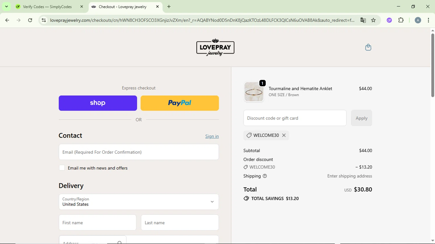 Lovepray Jewelry promo code screenshot showing code WELCOME30 applied at Lovepray Jewelry checkout page. Uploaded by SimplyCodes community member DiscountVirtuoso6243 on Jan 30, 2026
