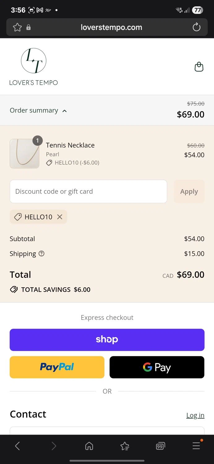 Lover's Tempo discount code screenshot showing code HELLO10 applied at Lover's Tempo checkout page. Uploaded by SimplyCodes community member Carbon132 on Sep 2, 2025