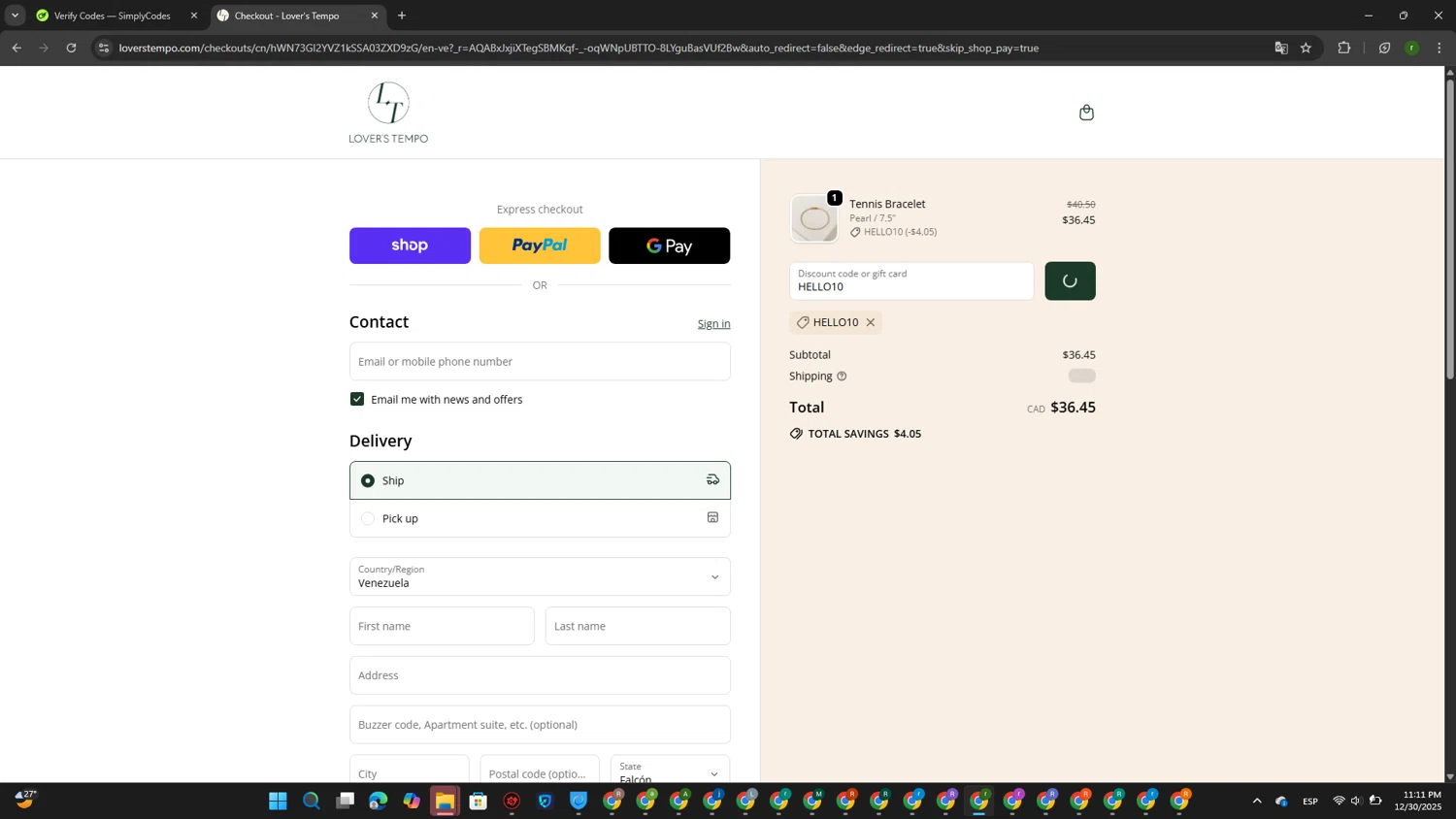 Lover's Tempo discount code screenshot showing code HELLO10 applied at Lover's Tempo checkout page. Uploaded by SimplyCodes community member GoldScout9735 on Dec 31, 2025