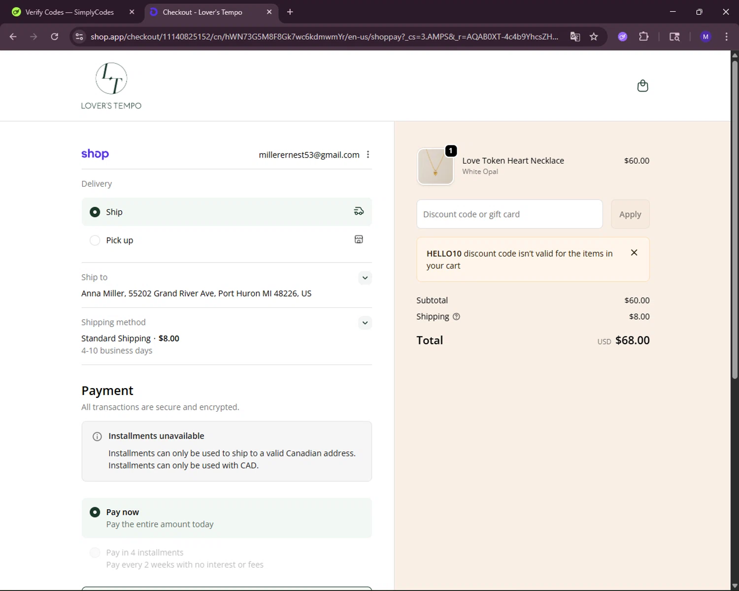 Lover's Tempo checkout page showing Lover's Tempo discount code box | Screenshot taken by SimplyCodes community member on Dec 31, 2025