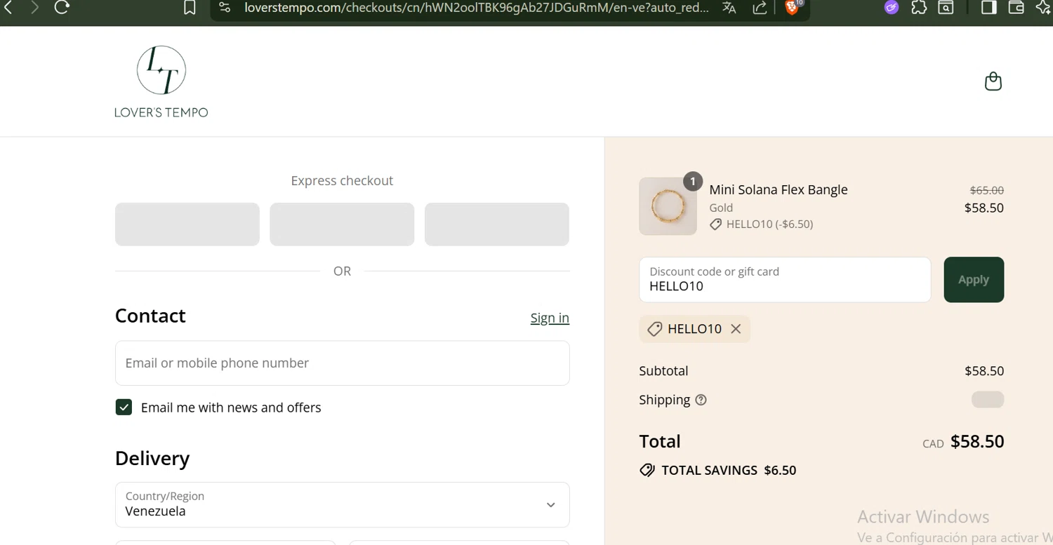 Lover's Tempo discount code screenshot showing code HELLO10 applied at Lover's Tempo checkout page. Uploaded by SimplyCodes community member SwiftLynx6587 on Sep 10, 2025