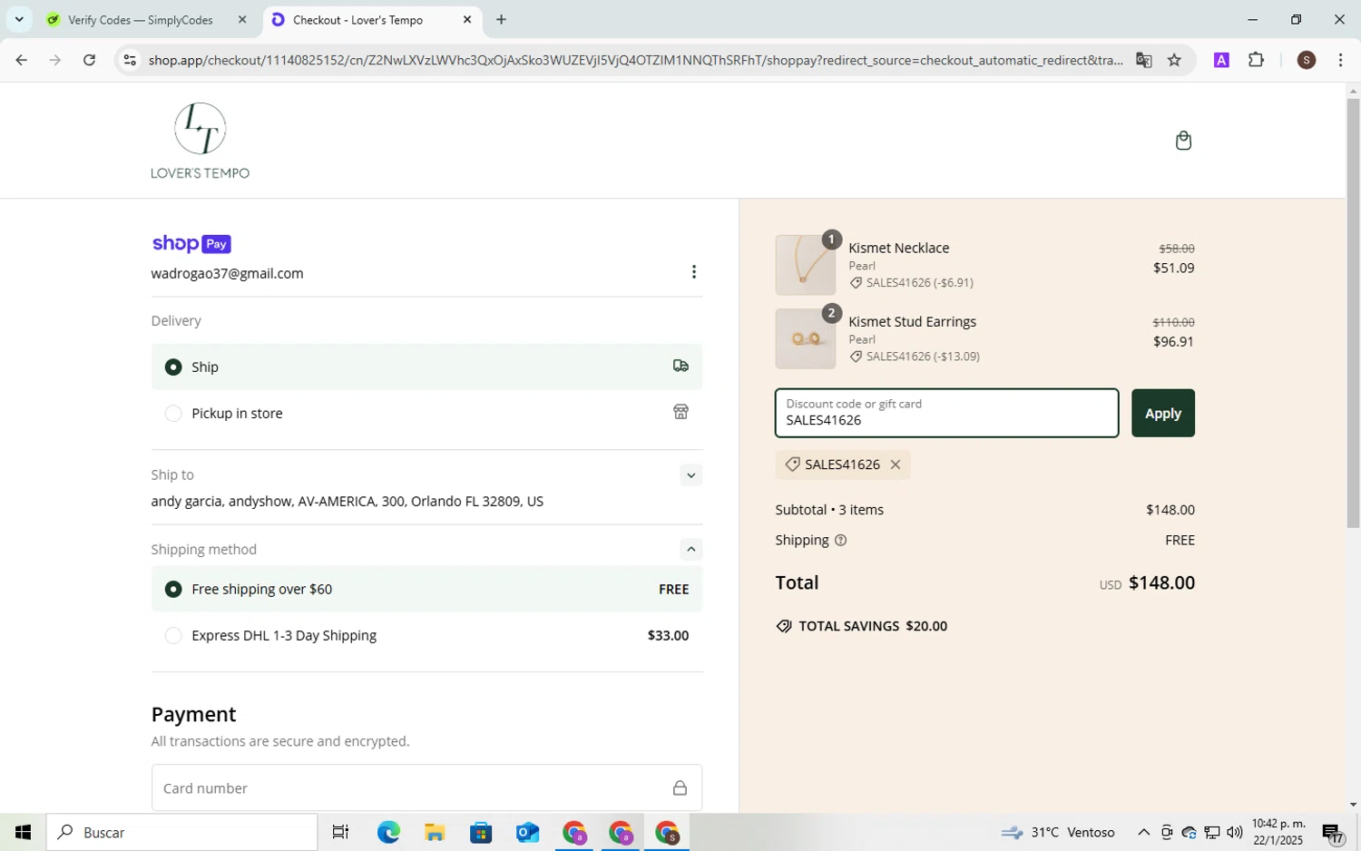 Lover's Tempo discount code screenshot showing code SALES41626 applied at Lover's Tempo checkout page. Uploaded by SimplyCodes community member QuestPhoenix2794 on Jan 22, 2025