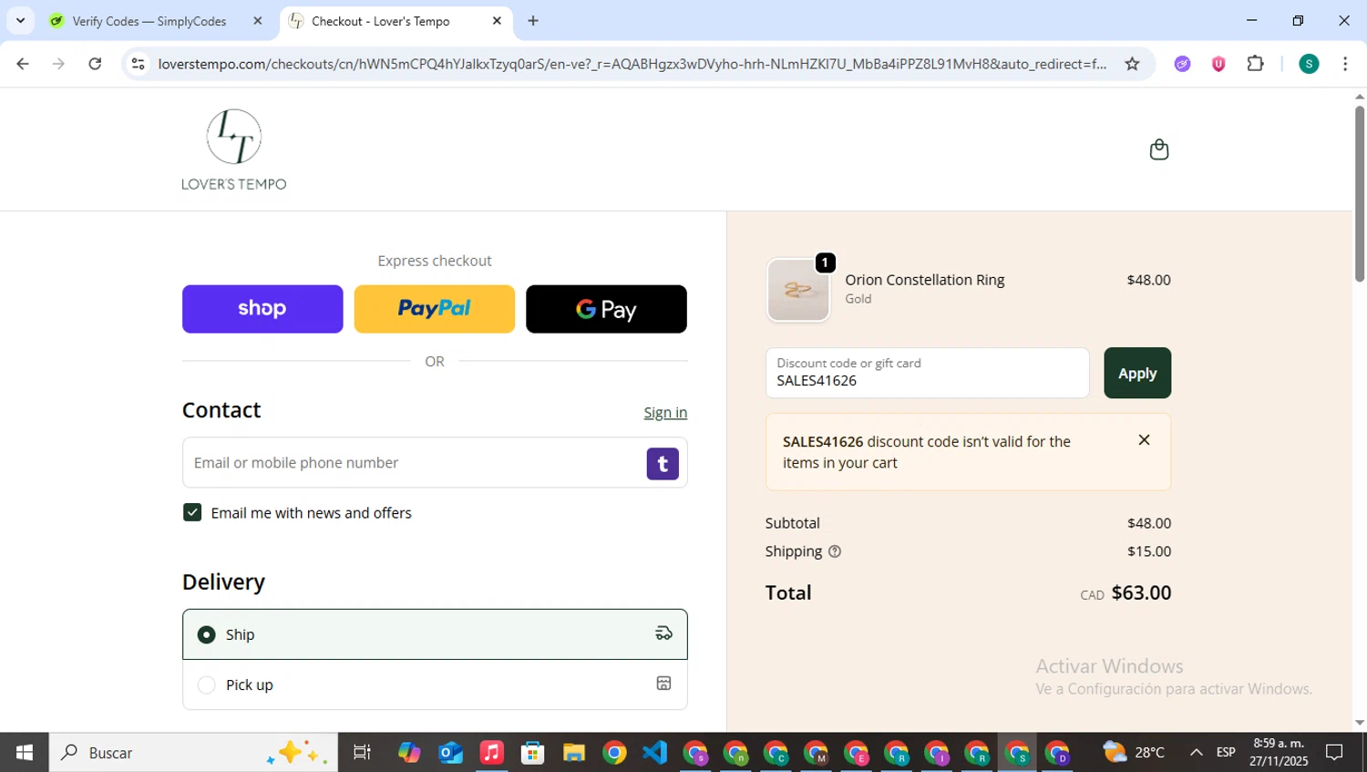 Lover's Tempo discount code screenshot showing code SALES41626 applied at Lover's Tempo checkout page. Uploaded by SimplyCodes community member VictoriousPilot5281 on Nov 27, 2025