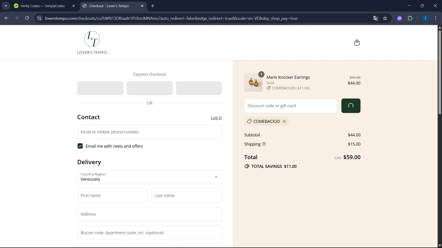 Lover's Tempo discount code screenshot showing code COMEBACK20 applied at Lover's Tempo checkout page. Uploaded by SimplyCodes community member CodeSaver4373 on Jul 26, 2025