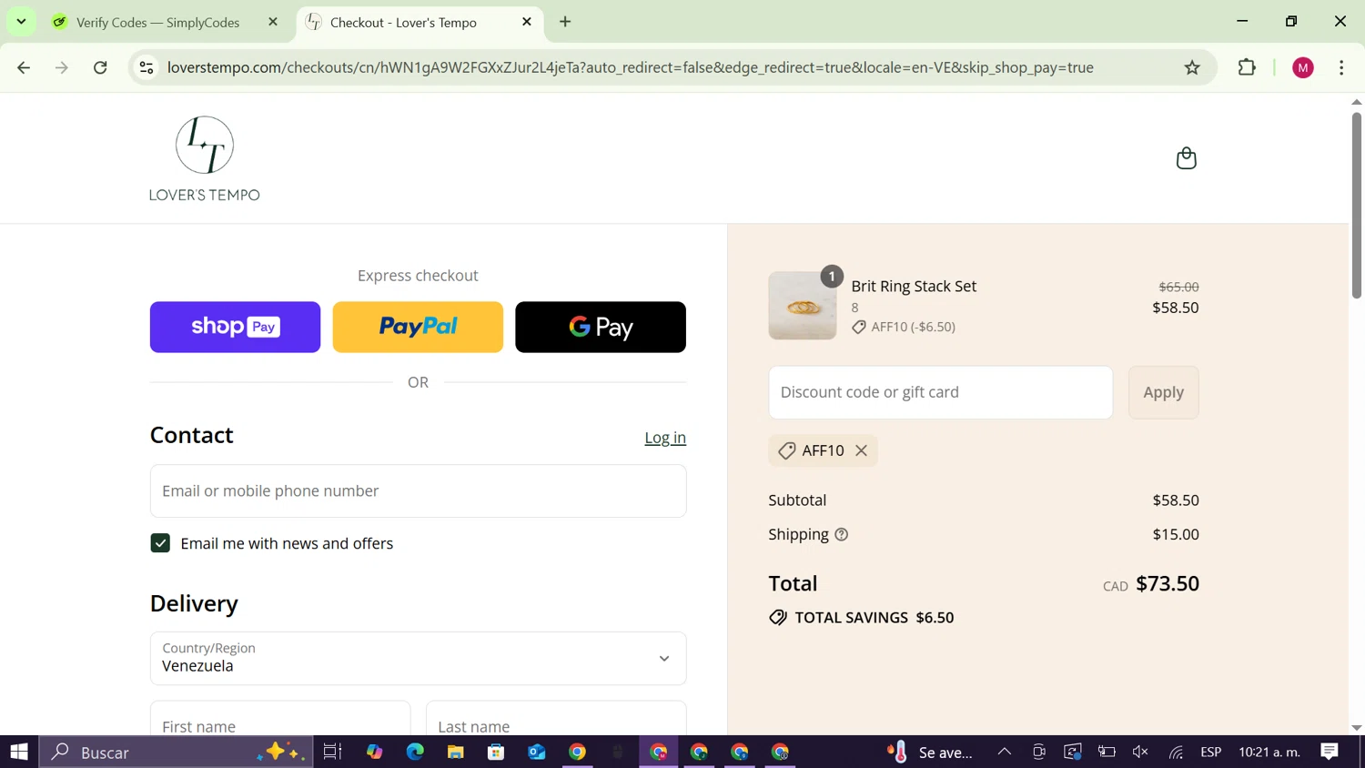 Lover's Tempo discount code screenshot showing code AFF10 applied at Lover's Tempo checkout page. Uploaded by SimplyCodes community member CouponAce9216 on Aug 11, 2025