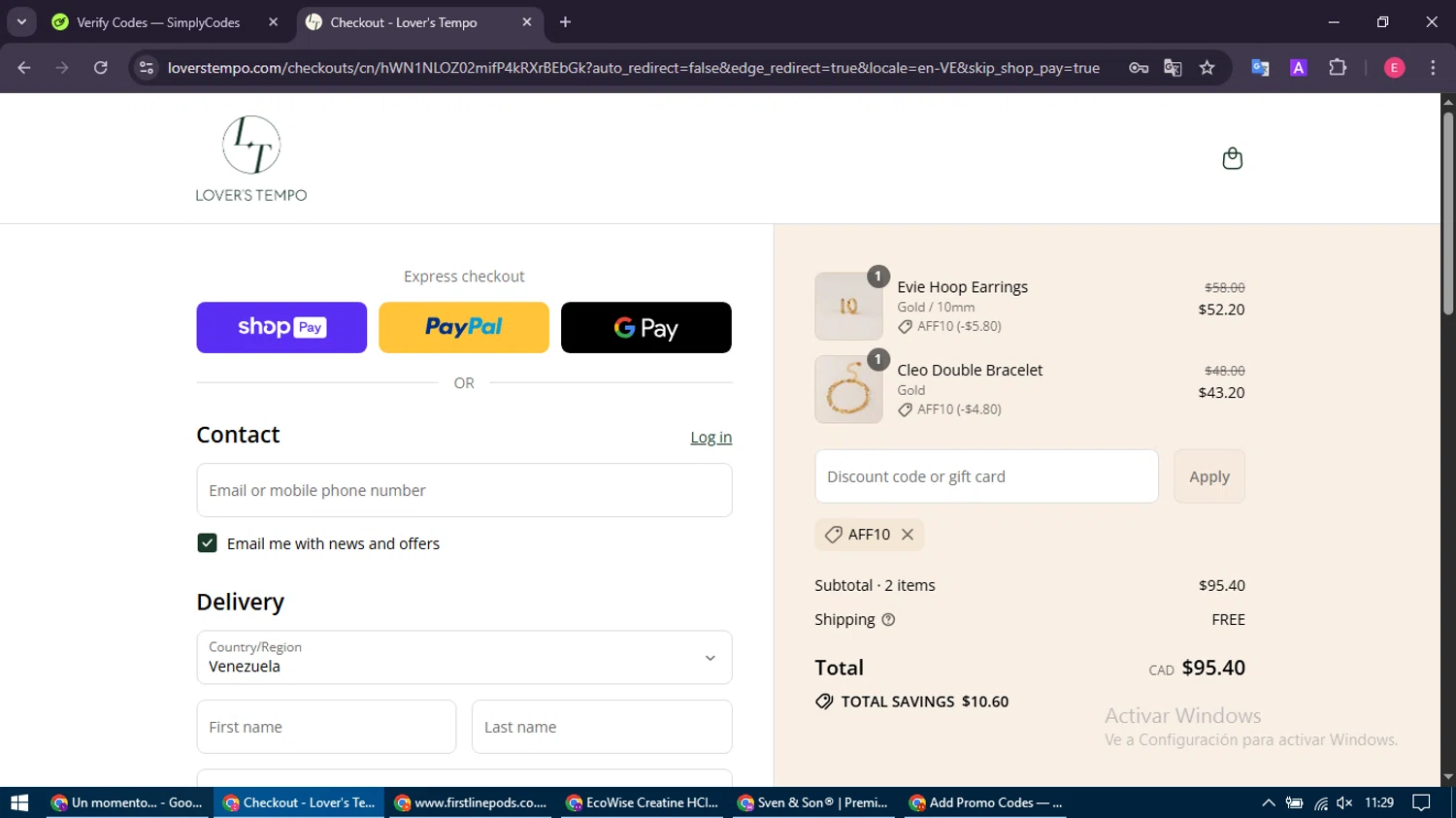Lover's Tempo discount code screenshot showing code AFF10 applied at Lover's Tempo checkout page. Uploaded by SimplyCodes community member MightyNavigator742 on Aug 3, 2025