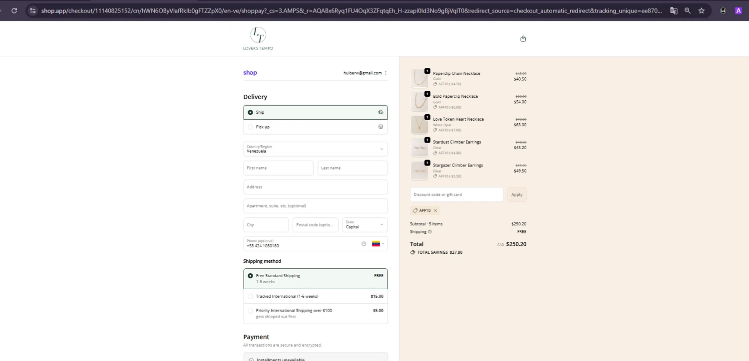 Lover's Tempo discount code screenshot showing code AFF10 applied at Lover's Tempo checkout page. Uploaded by SimplyCodes community member ivanguere on Dec 13, 2025