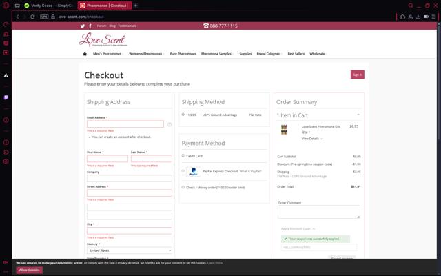 Love Scent checkout page showing Love Scent coupon code box | Screenshot taken by SimplyCodes community member on Aug 11, 2025