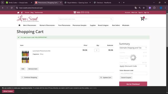 Love Scent checkout page showing Love Scent coupon code box | Screenshot taken by SimplyCodes community member on Sep 9, 2025