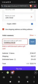 THANKSLOVE30 coupon verification screenshot