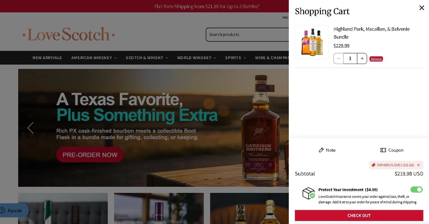LoveScotch promo code screenshot showing code FATHERLYLOVE applied at LoveScotch checkout page. Uploaded by SimplyCodes community member LAMINEJAMAL on Jun 21, 2026