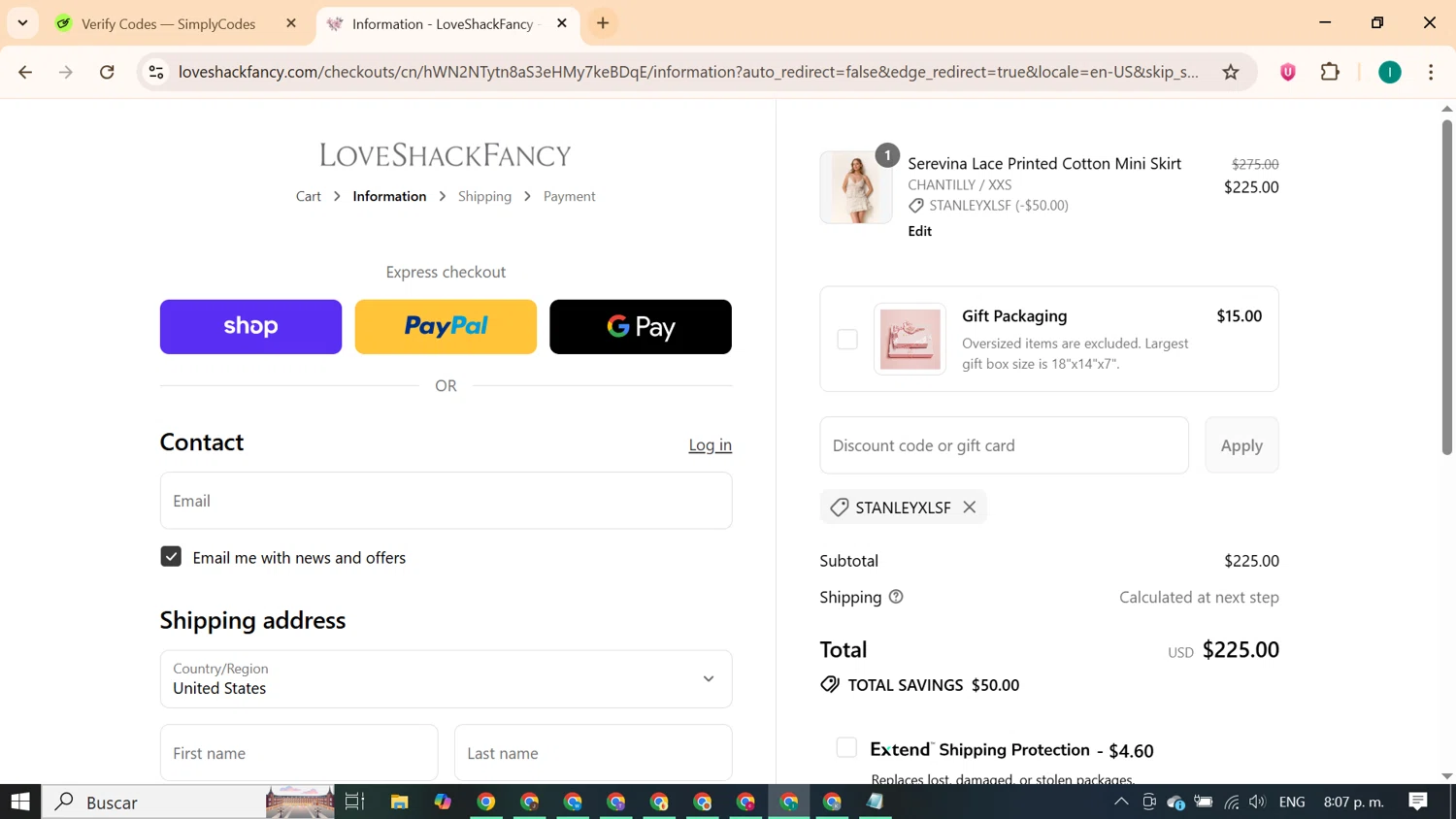 LoveShackFancy promo code screenshot showing code STANLEYXLSF applied at LoveShackFancy checkout page. Uploaded by SimplyCodes community member ExtraordinaryKnight690 on Aug 30, 2025