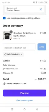 WELCOME483 coupon verification screenshot