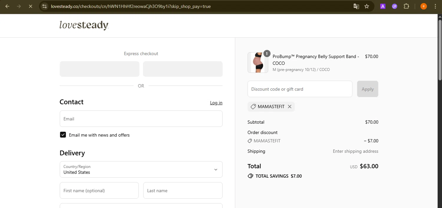 LoveSteady discount code screenshot showing code MAMASTEFIT applied at LoveSteady checkout page. Uploaded by SimplyCodes community member NobleElite1598 on Aug 1, 2025