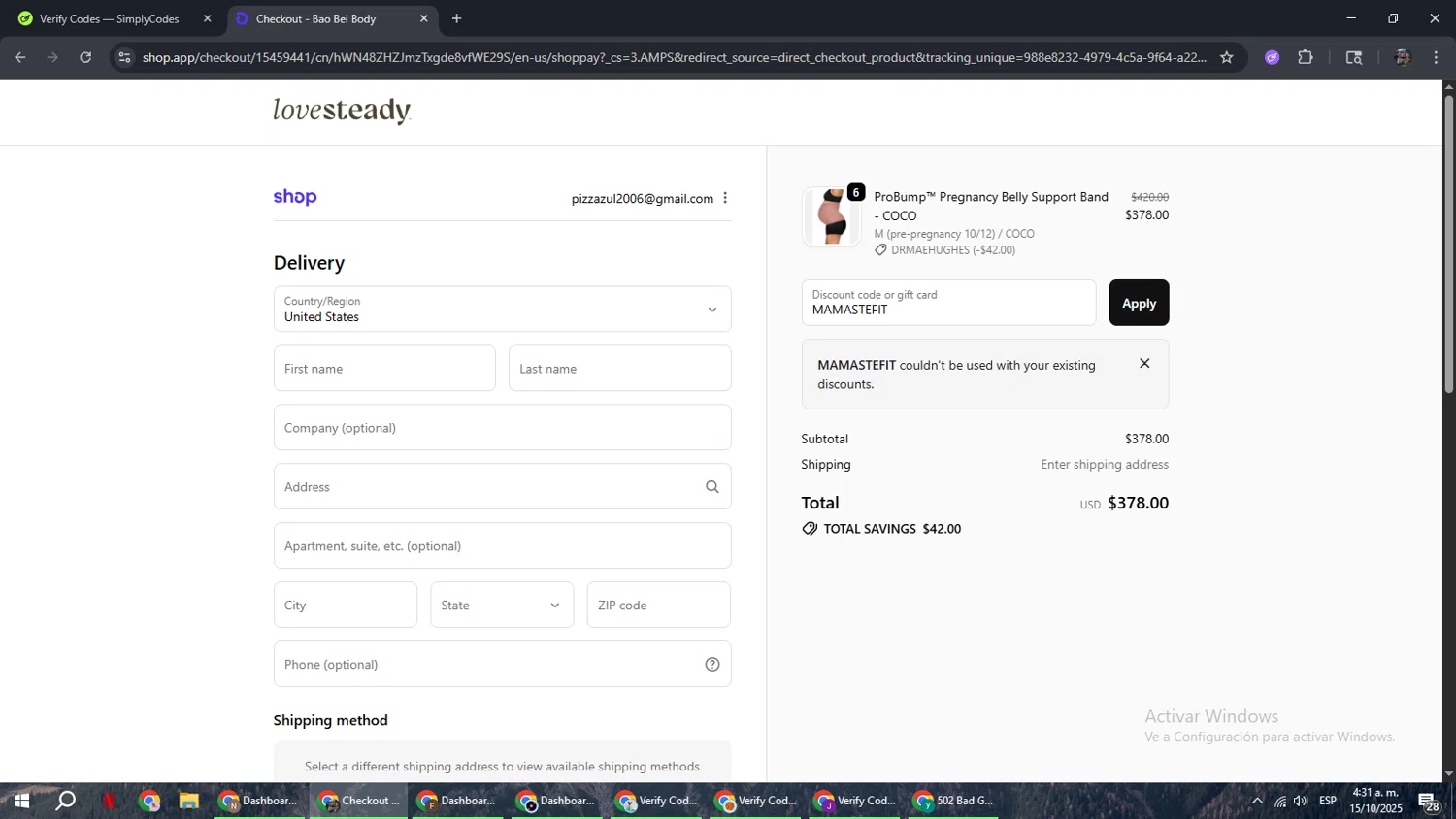 LoveSteady discount code screenshot showing code MAMASTEFIT applied at LoveSteady checkout page. Uploaded by SimplyCodes community member xxdddd on Oct 15, 2025