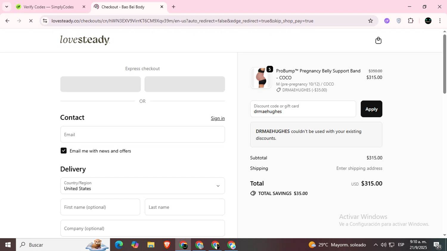 LoveSteady discount code screenshot showing code drmaehughes applied at LoveSteady checkout page. Uploaded by SimplyCodes community member BargainWizard5755 on Sep 21, 2025