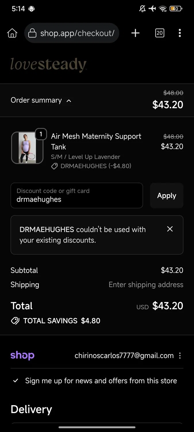 LoveSteady discount code screenshot showing code drmaehughes applied at LoveSteady checkout page. Uploaded by SimplyCodes community member Enmanuel17 on Oct 19, 2025