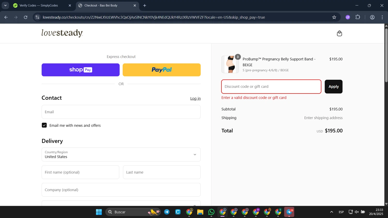 LoveSteady discount code screenshot showing code Ayeshabhonsle applied at LoveSteady checkout page. Uploaded by SimplyCodes community member CleverFalcon6244 on Apr 21, 2025