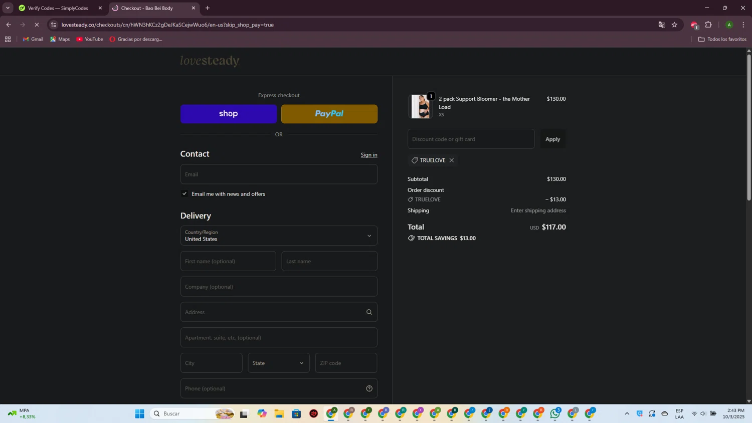 LoveSteady discount code screenshot showing code TRUELOVE applied at LoveSteady checkout page. Uploaded by SimplyCodes community member CrownPioneer7057 on Oct 3, 2025