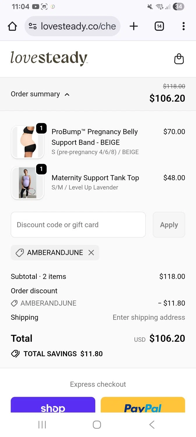 LoveSteady discount code screenshot showing code Amberandjune applied at LoveSteady checkout page. Uploaded by SimplyCodes community member KarinaHZ on Dec 14, 2025