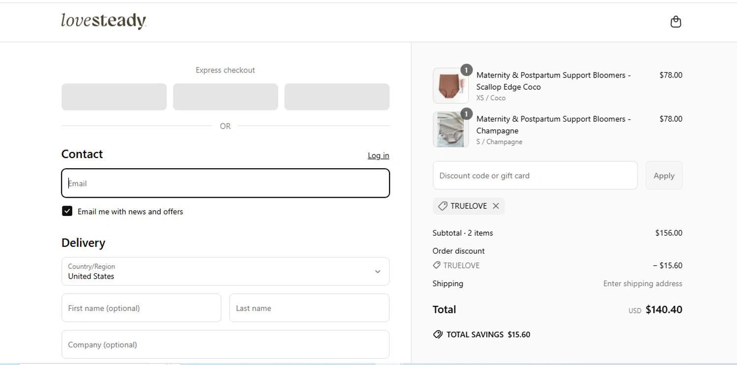 LoveSteady discount code screenshot showing code TRUELOVE applied at LoveSteady checkout page. Uploaded by SimplyCodes community member shark12 on Jun 9, 2025