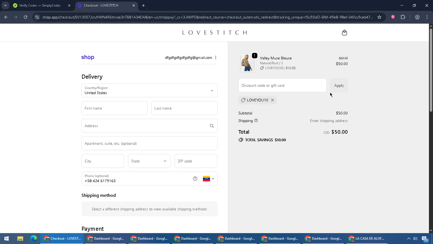 Lovestitch coupon code screenshot showing code LOVEYOU10 applied at Lovestitch checkout page. Uploaded by SimplyCodes community member RebateCaptain6440 on Oct 23, 2025