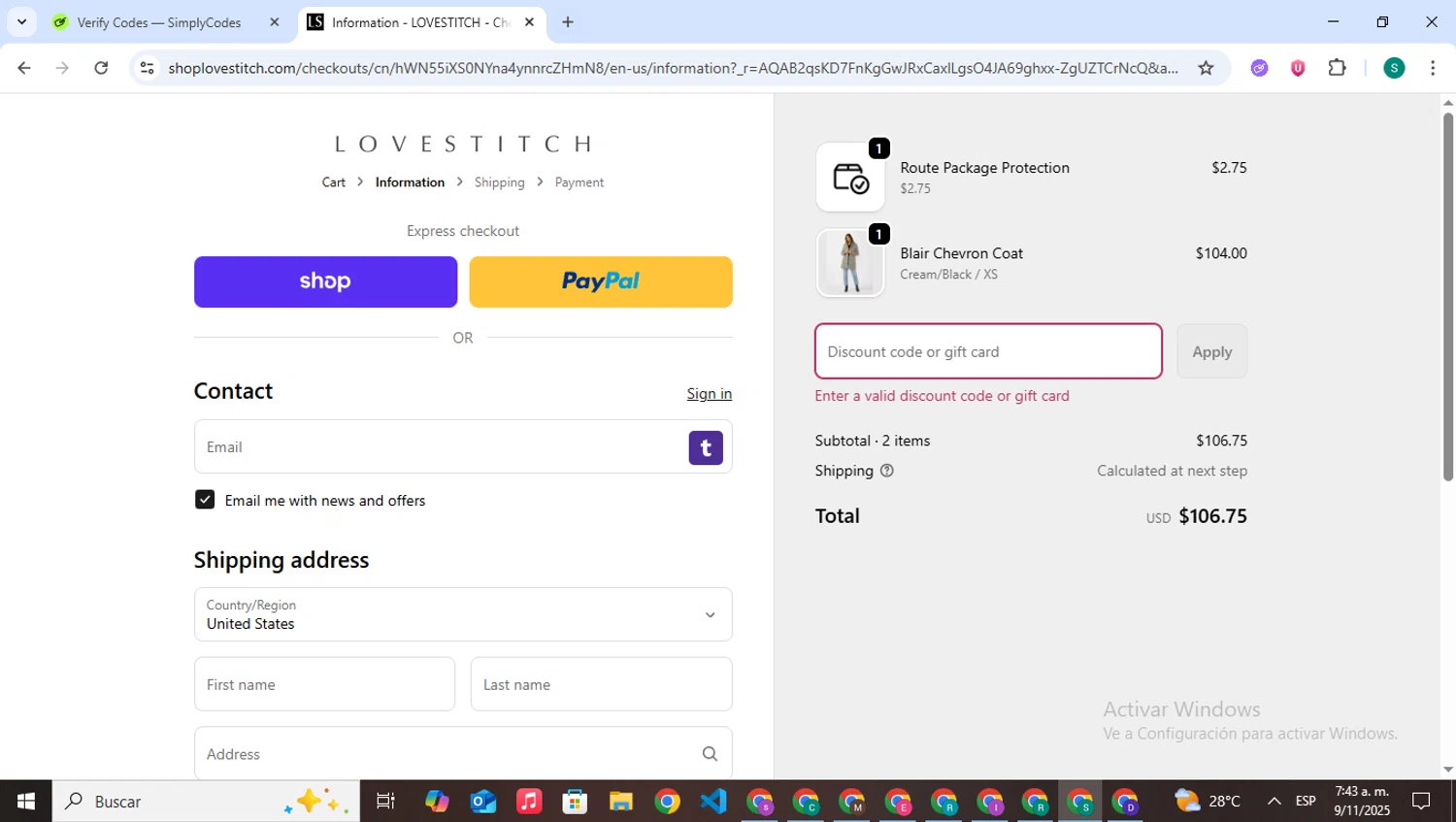 Lovestitch coupon code screenshot showing code LOVEYOU10 applied at Lovestitch checkout page. Uploaded by SimplyCodes community member VictoriousPilot5281 on Nov 9, 2025