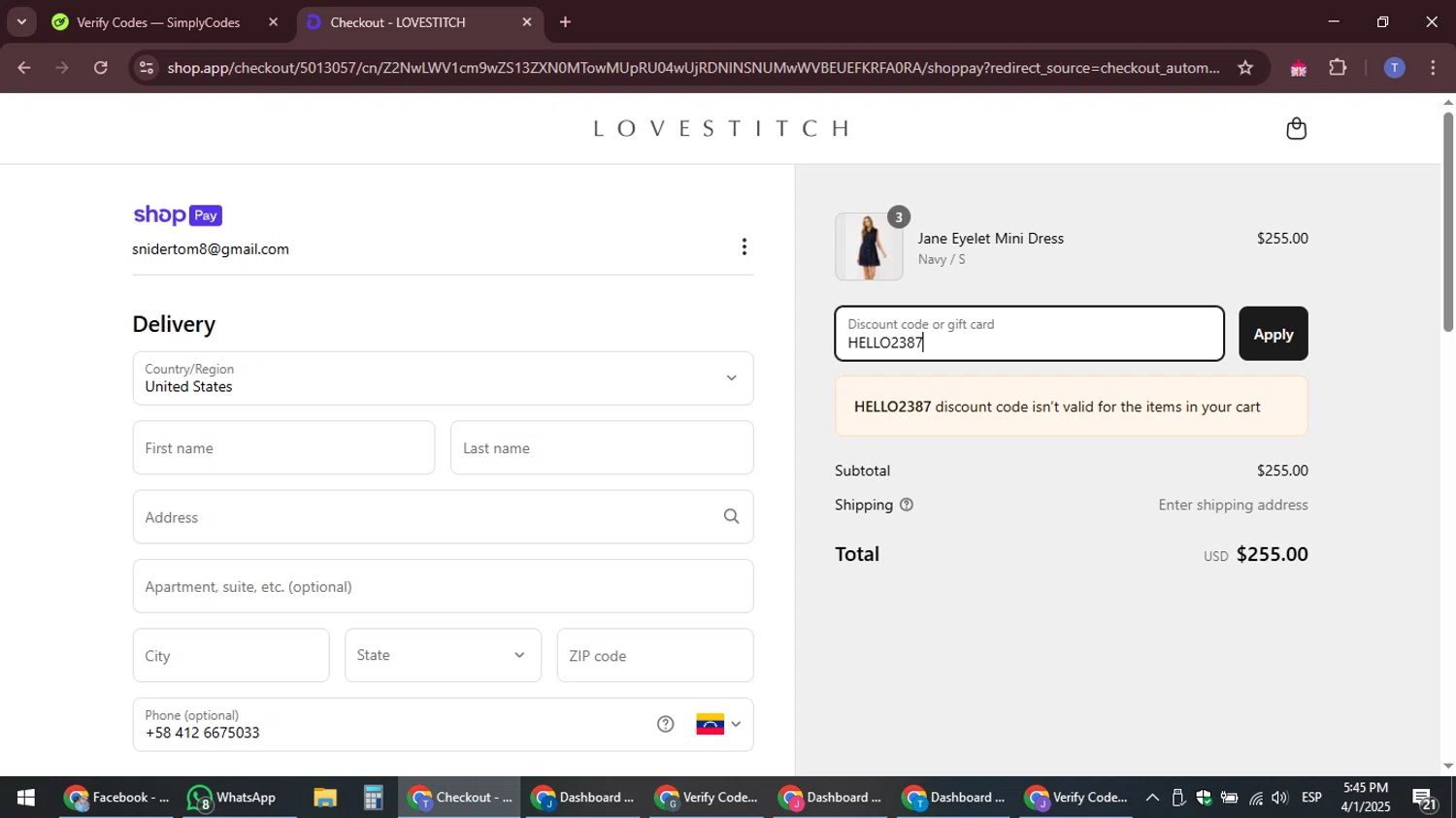 Lovestitch coupon code screenshot showing code HELLO2387 applied at Lovestitch checkout page. Uploaded by SimplyCodes community member snidertom8 on Apr 1, 2025