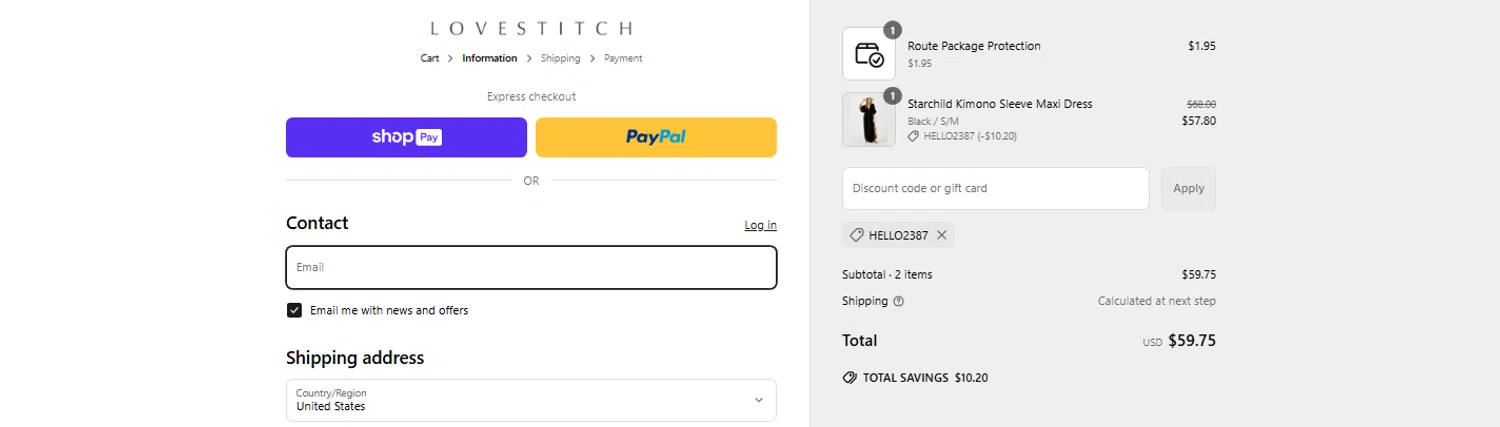 Lovestitch coupon code screenshot showing code HELLO2387 applied at Lovestitch checkout page. Uploaded by SimplyCodes community member OnlywM on Jun 17, 2025