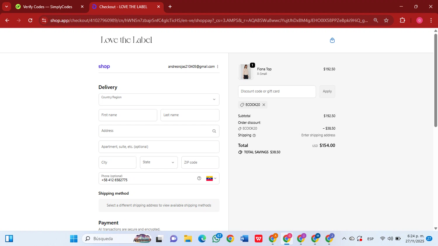 LOVE THE LABEL discount code screenshot showing code ECOOK20 applied at LOVE THE LABEL checkout page. Uploaded by SimplyCodes community member GGGilbert on Nov 27, 2025