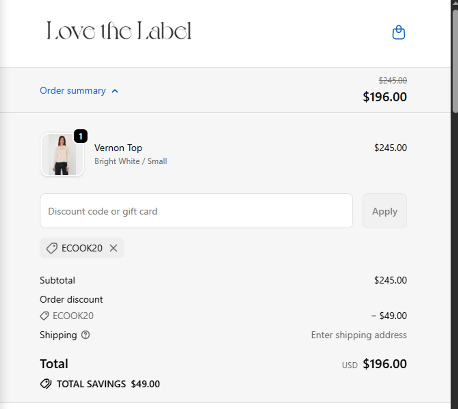 LOVE THE LABEL discount code screenshot showing code ECOOK20 applied at LOVE THE LABEL checkout page. Uploaded by SimplyCodes community member ValiantFox2134 on Dec 31, 2025