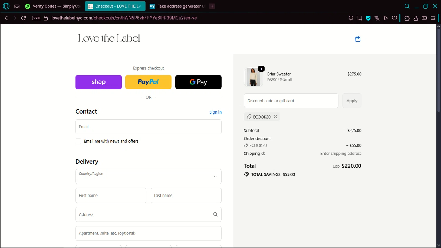 LOVE THE LABEL discount code screenshot showing code ECOOK20 applied at LOVE THE LABEL checkout page. Uploaded by SimplyCodes community member elduko on Nov 17, 2025
