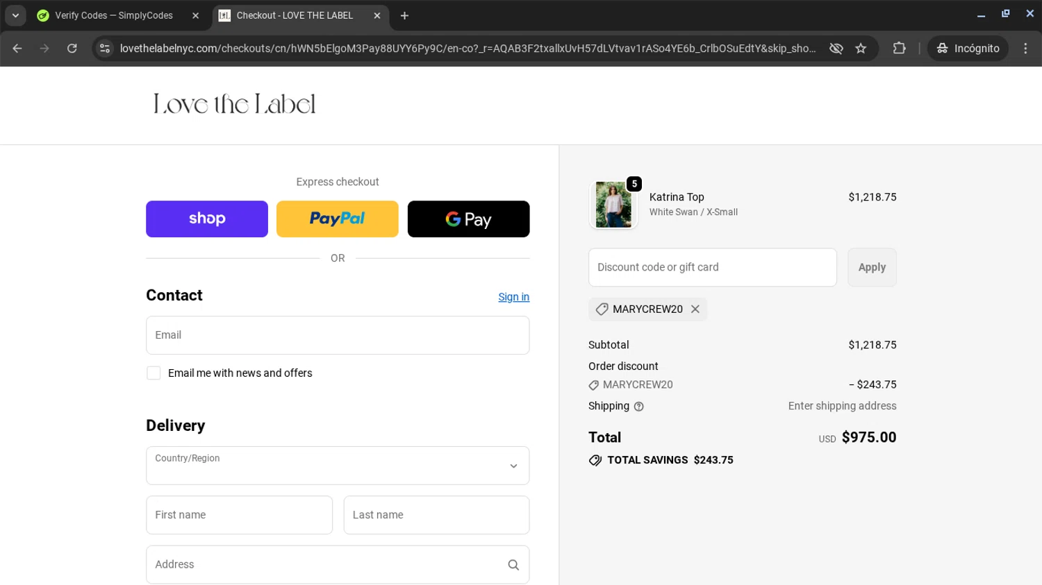 LOVE THE LABEL discount code screenshot showing code marycrew20 applied at LOVE THE LABEL checkout page. Uploaded by SimplyCodes community member ShrewdSleuth9497 on Nov 22, 2025