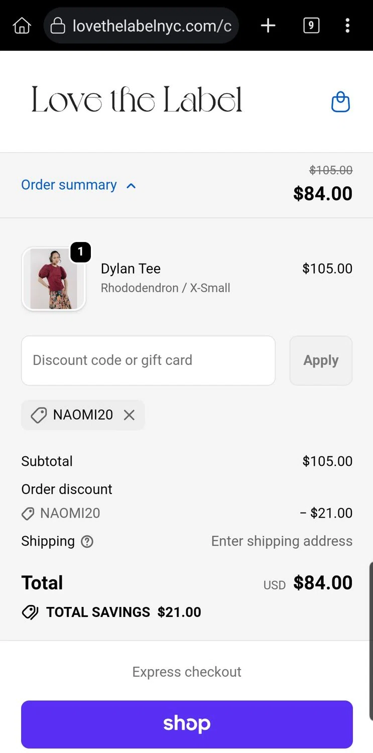LOVE THE LABEL discount code screenshot showing code NAOMI20 applied at LOVE THE LABEL checkout page. Uploaded by SimplyCodes community member Carloslvz on Nov 27, 2025