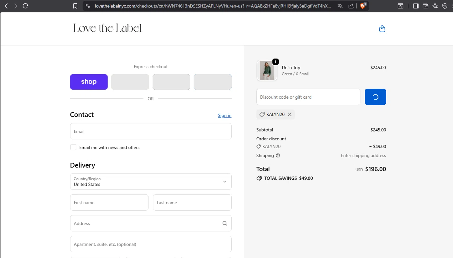 LOVE THE LABEL checkout page showing LOVE THE LABEL discount code box | Screenshot taken by SimplyCodes community member on Dec 31, 2025