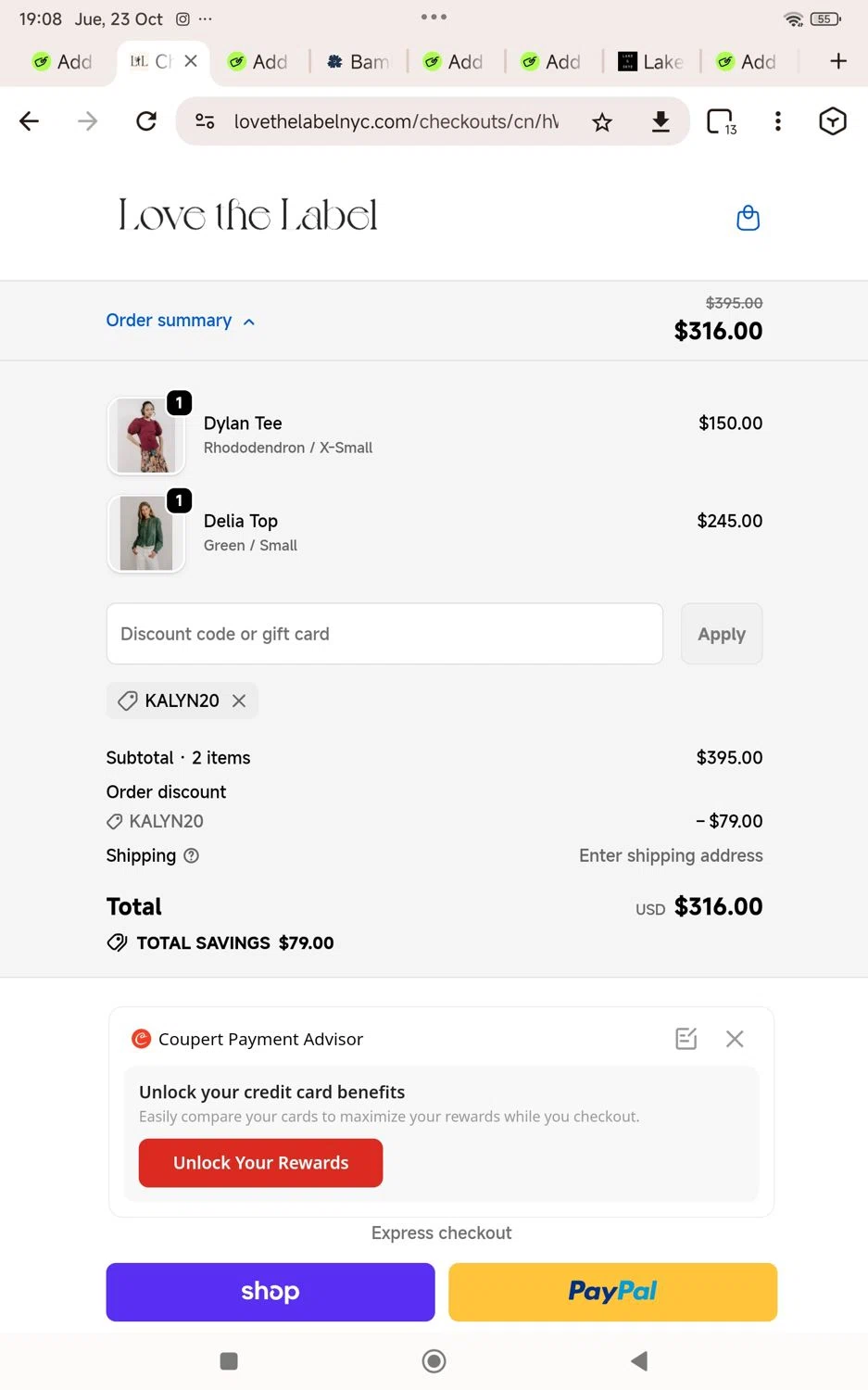 LOVE THE LABEL discount code screenshot showing code Kalyn20 applied at LOVE THE LABEL checkout page. Uploaded by SimplyCodes community member KarinaHZ on Oct 23, 2025
