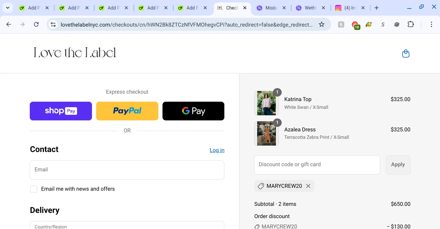 LOVE THE LABEL discount code screenshot showing code marycrew20 applied at LOVE THE LABEL checkout page. Uploaded by SimplyCodes community member KarinaHZ on Aug 25, 2025
